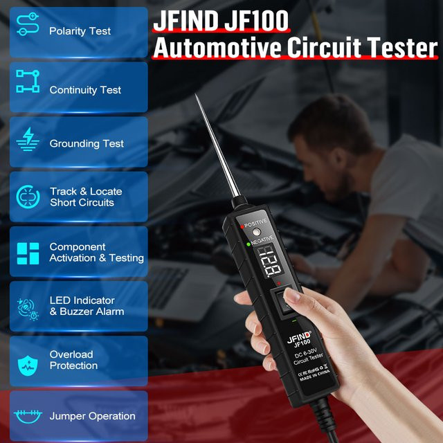JFIND Digitaler Kfz-Spannungstester mit LED-Display für 6V-30V DC, Diagnosewerkzeug für Auto und Lkw, Schwarz - Bild 1