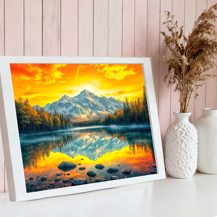HUACAN 5D Diamantmalerei Berglandschaft mit Sonnenuntergang, See und Fluss als Mosaik Diamantkunst in Multicolor zur Wohnzimmer Dekoration - Bild 2