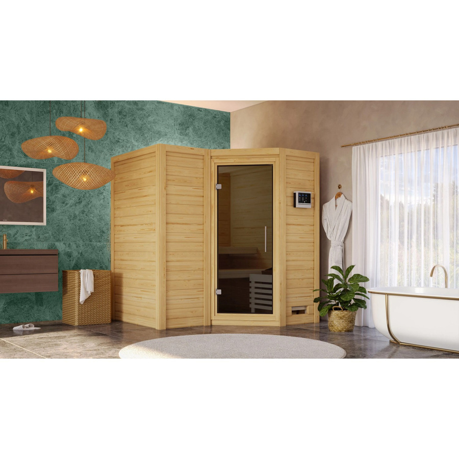 Karibu Massivholzsauna SAHIB 1 aus Fichte in Naturoptik mit graphitfarbener Ganzglastür B/T/H: 193 x 184 x 212 cm - Bild 2