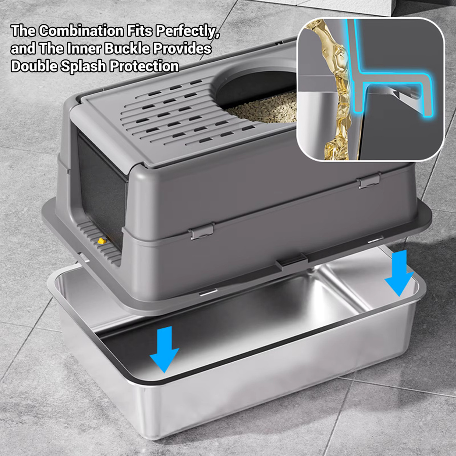 HiMISS Geschlossene Katzentoilette aus Edelstahl mit Deckel in Schwarz und Grau - Bild 4
