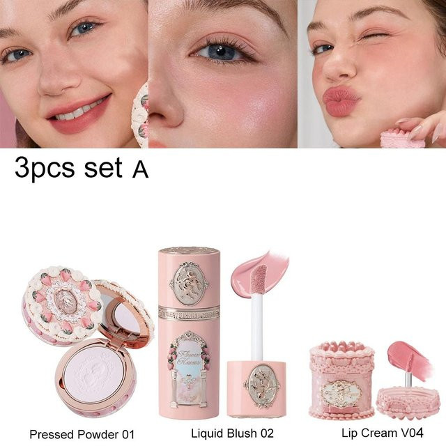 Flower Knows Erdbeer Amor Lippencreme, Puder, Flüssiges Rouge Set, 03A beige, Matt - Bild 1