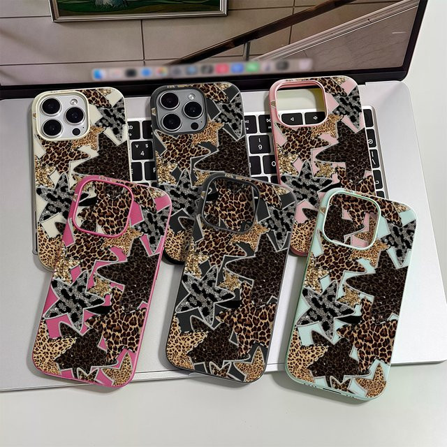 Handyhülle für Apple iPhone 12 bis 17 Pro Max und Air mit Leoparden-Print, Glitzer-Sternen und Patchwork-Textur in Schwarz und Multicolour - Bild 1
