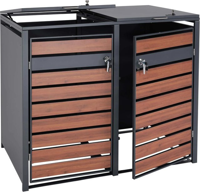 PROREGAL Mülltonnenbox 2er XL aus verzinktem Stahl in Anthrazit und Dunkelbraun Kirsche-Holzoptik, B/T/H: 117 x 142 x 98 cm - Bild 1