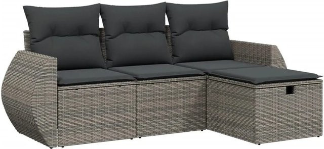 vidaXL 4-teilige Garten-Sofagarnitur in L-Form mit Polsterkissen und Ottoman, Grau, Poly Rattan und Metallrahmen - Bild 1