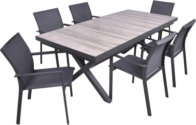 DELUKE Garten-Sitzgruppe JANA 7-teiliges Gartenmöbel-Set aus Aluminium und Keramik in Eiche-Optik Grau mit Esstisch und Stapelstühlen - Bild 1