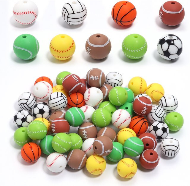 lingsai Perlen, Silikon, Rund, 15mm, Fußball Basketball Rugby, 5er-Los - Bild 1