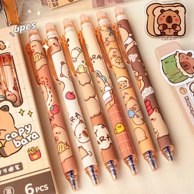6er Set Kawaii Cartoon Gelstifte mit Panda und Capybara Motiv, löschbare blaue Tinte, ideal für Schule und Büro - Bild 1