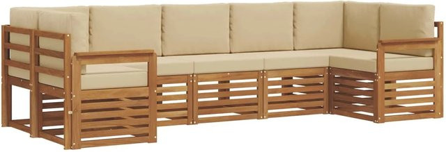 vidaXL Sofagarnitur 7-teilig aus Massivholz Akazie in Natur und Beige mit L-Form und Polsterkissen - Bild 1