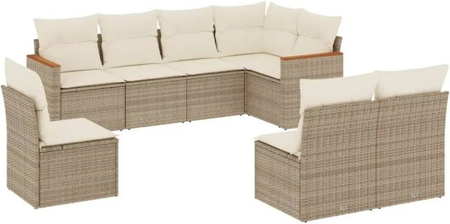 vidaXL 8-tlg Garten-Sofagarnitur in L-Form aus Poly-Rattan und Akazienholz mit Kissen in Beige und Cremeweiß - Bild 1