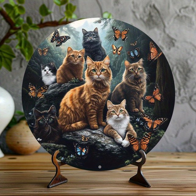 CIFBUY Vintage Metall-Wandschild mit Katzenmotiv, rundes Aluminium-Dekoschild in Multicolour, Durchmesser: 20 cm - Bild 1