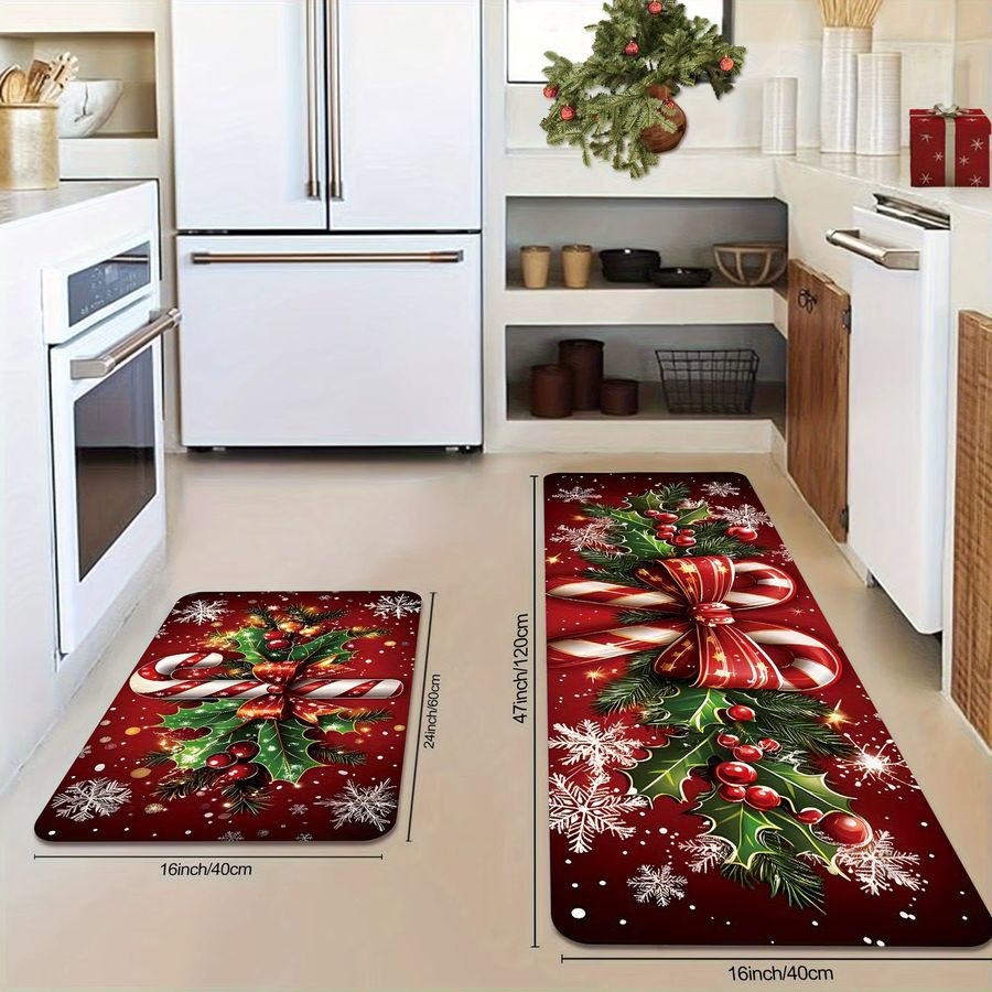 VIKAMA Weihnachts-Küchenmatte mit Zuckerstangen, Stechpalme und Schneeflocken für eine festliche Atmosphäre - Bild 2