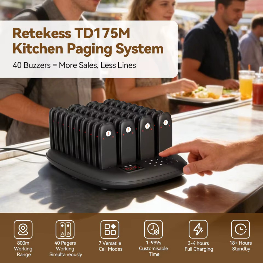 RETEKESS TD175M Restaurant-Pager System für den Außenbereich mit 800M Reichweite und Stummschalttaste in Schwarz - Bild 3