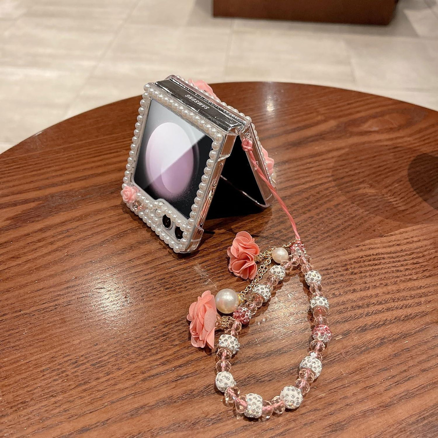 Glitzernde 3D Blume Diamant Hülle für Samsung Galaxy Z Flip 6 mit Handgelenkkette und Perlen in Multicolour - Bild 1
