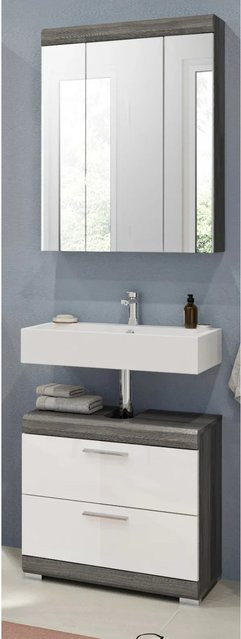 Inn.Furn Badmöbel-Set Shawn 2-teilig in Weiß Hochglanz und Grau mit Spiegel und LED-Beleuchtung, Breite: 60 cm - Bild 1