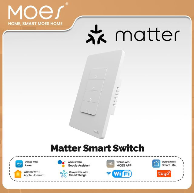 MOES Smart Lichtschalter mit Matter und WiFi, Tuya App Steuerung, kompatibel mit Alexa und Google Assistant, Weiß, Erfordert Neutralleiter - Bild 1