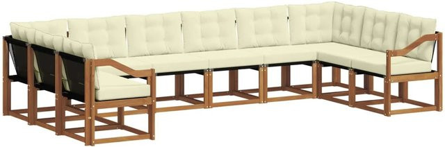 vidaXL Outdoor-Sofagarnitur aus Akazienholz in L-Form mit Textilene-Bezug und Kissen, 10-teiliges Set, Natur und Creme - Bild 1