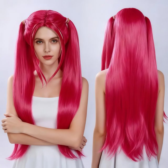 LEKSE Perücke, rosa, synthetisch, langer doppelter Pferdeschwanz, hitzebeständig - Bild 1