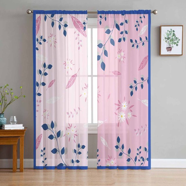 Transparente Tüll-Vorhänge von Super Six mit abstraktem Blumen- und Blattmuster in Weiß und Rosa, B: 135 cm, H: 114 cm - Bild 1