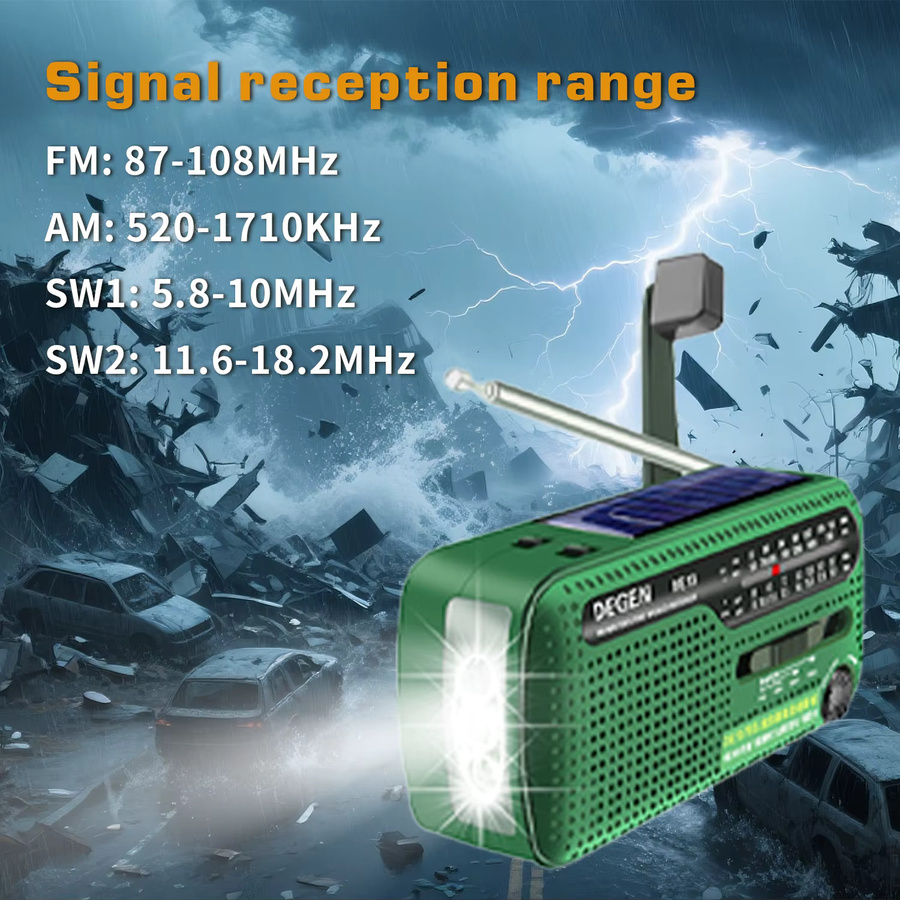 XHDATA Notfall-Handkurbel-Solarradio EM03/DE13 in Grün mit Taschenlampe, SOS-Alarm und Telefonladegerät sowie FM/MW/SW-Empfänger - Bild 5