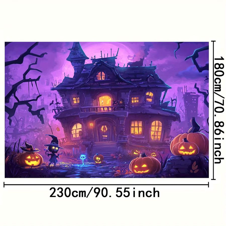 Sjs Halloween Hintergrundstoff mit Hexe, Kürbislaterne und Spukhaus-Design, mehrfarbig - Bild 4