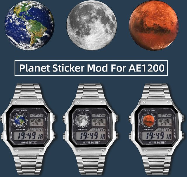 Casio AE1200 Bildschirm-Planetenmuster-Aufkleber, Erde, Mond, Mars - Bild 1