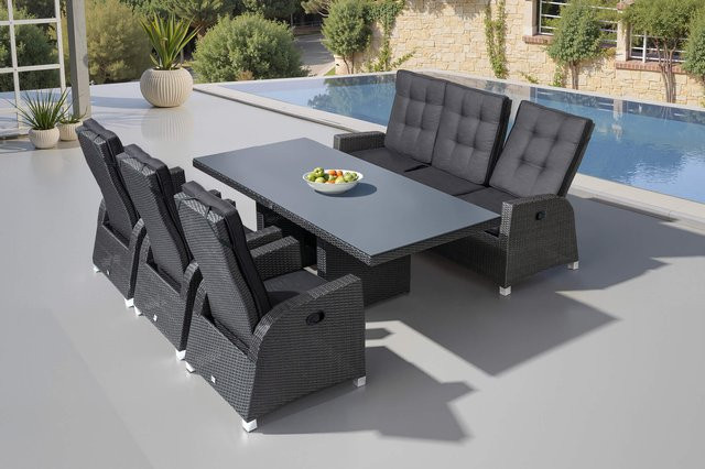 OUTFLEXX Rocking Comfort Garten-Essgruppe aus Polyrattan in Grau/Braun-meliert mit Tisch und Polstersitzmöbeln bestehend aus 3 Loungesesseln und einem 3-Sitzer, Tisch Breite: 220 cm, Tiefe: 100 cm - Bild 1