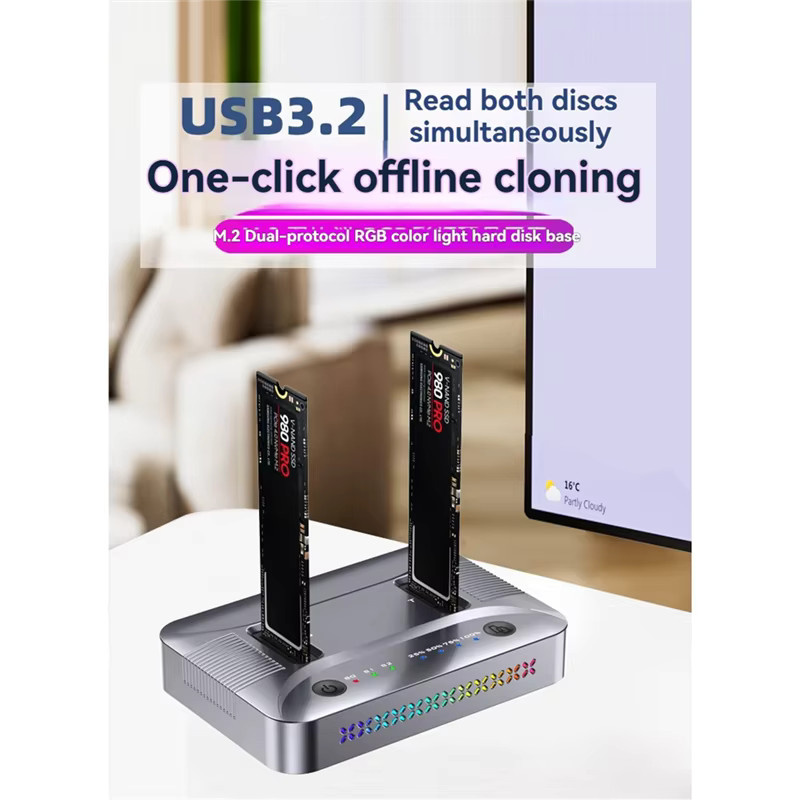 RGeek Dual-Bay M.2 RGB SSD Dockingstation für NVMe und NGFF, USB 3.2 Gen2 Typ C mit 10 Gbit/s Datenübertragung und Offline-Klonfunktion, Schwarz/Multicolor - Bild 3
