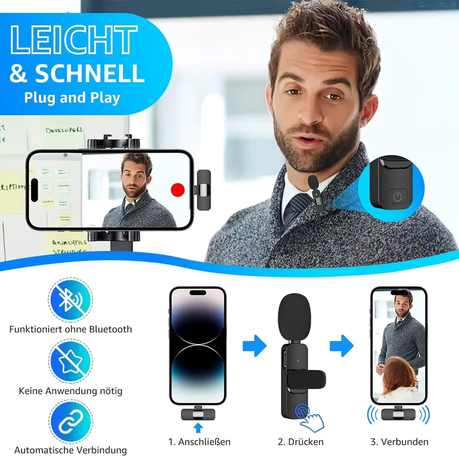Basix Kabelloses Lavalier-Mikrofon mit Bluetooth und USB-C Anschluss für iPhone und Android, Schwarz - Bild 3