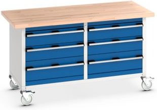Bott Kastenwerkbank cubio aus Buche-Massiv mit 6 Schubladen und 4 feststellbaren Rollen, Farbe: enzianblau/lichtgrau, B/T/H: 150 x 75 x 84 cm - Bild 1