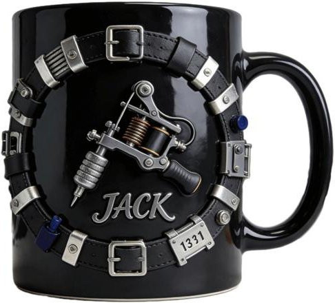 Woxueqing Kaffeetasse mit 3D Tätowierer-Werkzeuggürtel Design im Steampunk-Stil, Grau - Bild 1