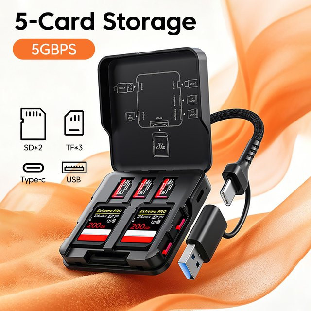 Olaf 5-in-1 Kartenleser und Aufbewahrungsbox mit USB-A und USB-C für SD- und TF-Speicherkarten in Schwarz oder Weiß - Bild 1
