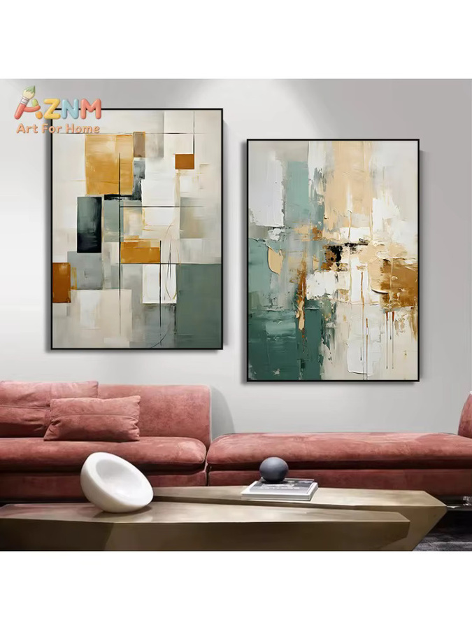 AZNM Moderner abstrakter geometrischer Leinwand-Wandkunstdruck in Grün und Gold - Bild 2