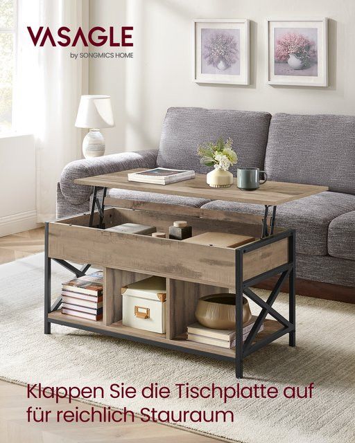 VASAGLE Couchtisch in Industrial Design mit höhenverstellbarer Tischplatte, verstecktem Stauraum und offenen Fächern, Farbe: Vintagebraun-Schwarz - Bild 1