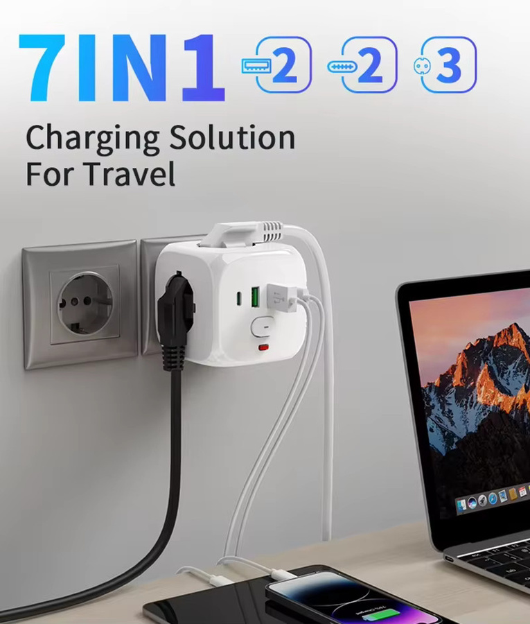 QNCX 7-in-1 Steckdosenleiste in Weiß mit 3 AC-Steckdosen, 2 USB-A und 2 USB-C Anschlüssen sowie Schalter - Bild 4
