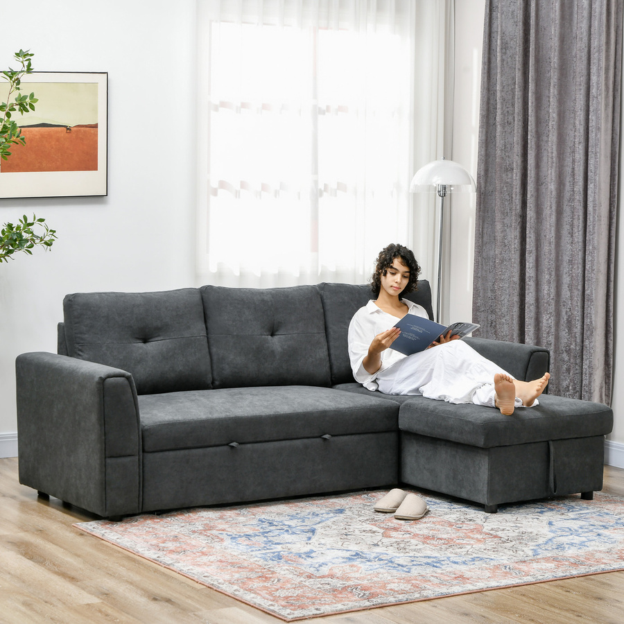 HOMCOM 3-Sitzer-Schlafsofa mit Chaiselongue in Leinenoptik, Dunkelgrau, B/T/H: 232 x 141 x 85 cm - Bild 2