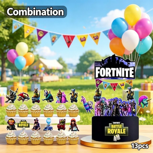 Fortnite Geburtstagsparty Deko Set mit Kuchenflaggen und Cupcake-Toppern in Mehrfarbig aus Papier - Bild 1