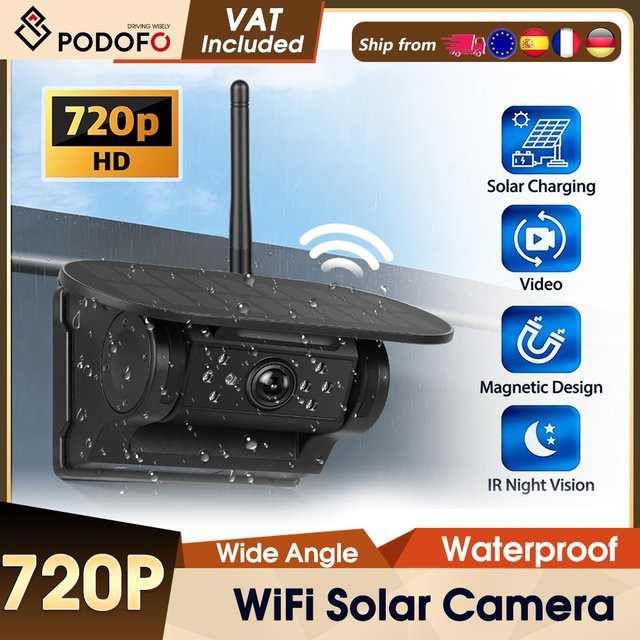 Podofo Kabellose Magnetische WLAN Auto Kamera mit Solarpanel, 720P HD Infrarot Nachtsicht, IP67 Wasserdicht, DVR für Vorder- und Rückansicht, Schwarz - Bild 1