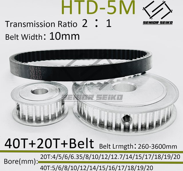 XMSJ HTD5M Zahnriemensatz mit 40 Zähnen und 20T Verzögerungsriemenscheiben-Kit, Riemenbreite 10 mm, Bohrung 4 bis 20 mm, Untersetzung 2:1, Synchronrad-Set - Bild 1