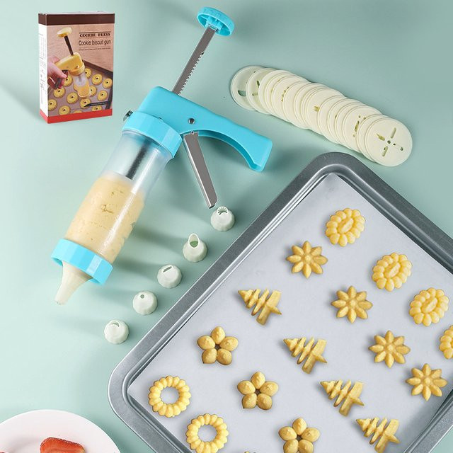 Venlohome 23-teiliges Cookie Presse Set mit Spritzdüsen aus Kunststoff in Blau für DIY Kuchen und Keks Dekoration - Bild 1