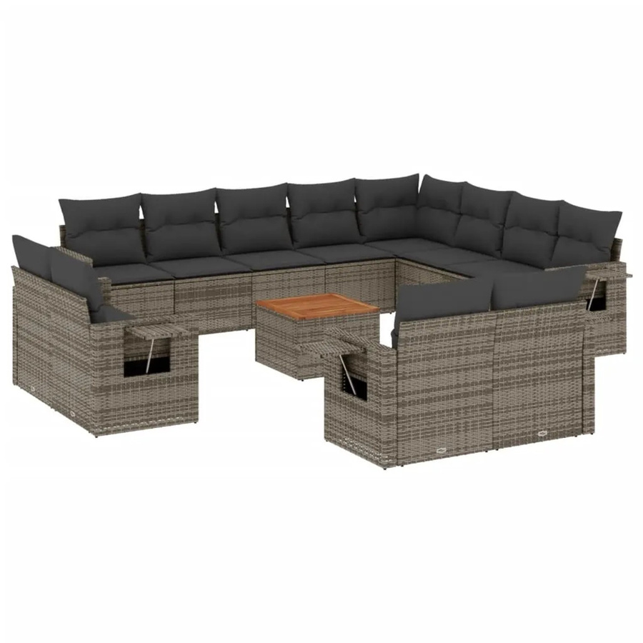 vidaXL 13-teilige Garten-Sofagarnitur aus Poly-Rattan und Akazienholz in Grau mit Kissen - Bild 2