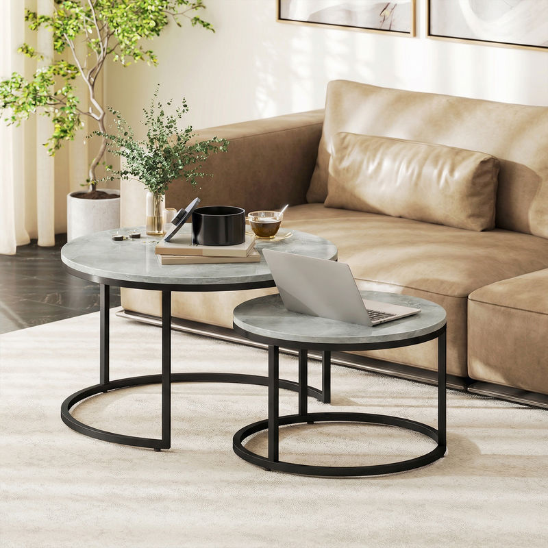 HOMCOM 2er Set Couchtisch rund mit Marmoroptik und Metallrahmen in Grau, B/T/H: 78,5 x 78,5 x 46,5 cm, Aosom - Bild 2