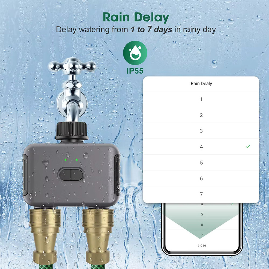 JUANJUAN Smart Bewässerung Timer mit 2 Auslässen, Bluetooth und Zigbee, programmierbarer Garten Wasser Timer für Schlauch und Sprinkler, kompatibel mit Alexa, Grau - Bild 4