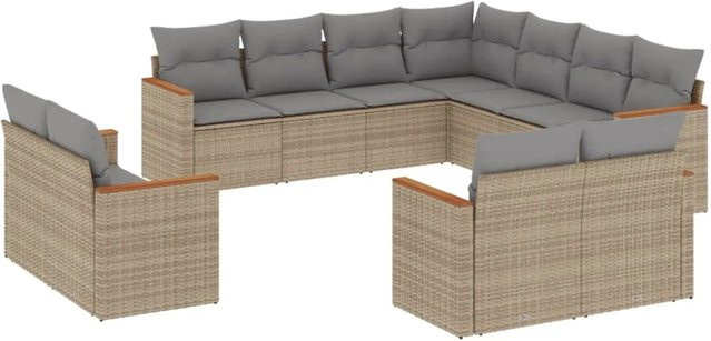 vidaXL 11-tlg. Garten-Sofagarnitur in L-Form aus Polyrattan und Akazienholz mit Kissen in Beige - Bild 1
