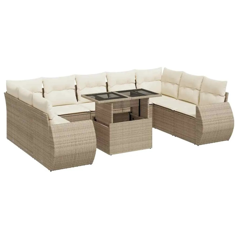 vidaXL 10-tlg. Garten-Sofagarnitur in L-Form aus Poly-Rattan mit Kissen und Couchtisch in Beige und Weiß - Bild 2