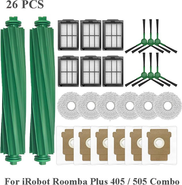 Zubehör-Set für iRobot Roomba Plus 405 Combo und 505 Combo Roboterstaubsauger mit Hauptbürsten, Seitenmopptüchern, Filtern und Staubbeuteln - Bild 1