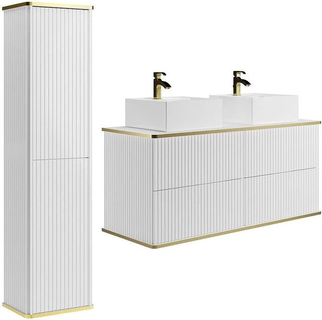 Vente-unique Badmöbel-Set Keliza in Weiß im Art-Déco-Stil mit Doppelwaschbecken, Aufsatzwaschbecken und Hochschrank, matte Oberfläche, Breite: 120 cm, Tiefe: 47 cm, Höhe: 54 cm - Bild 1