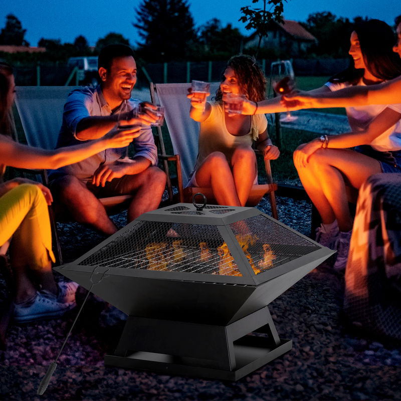 Outsunny Feuerschale Garten Feuerkorb mit Grillrost und Funkenschutz in Schwarz, B/T/H: 45 x 45 x 34 cm, inklusive Schürhaken - Bild 2