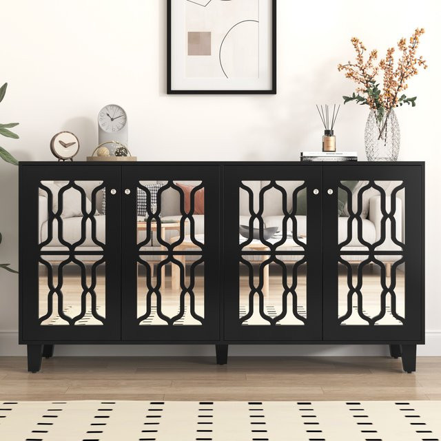 GL Store Küchenschrank Anrichte mit Spiegeloberfläche und Kristallgriffen in Schwarz, B/T/H: 160 x 40 x 84 cm - Bild 1