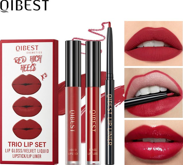 QIBEST Lippenstift Set, Matt, Rot Schwarz Lila, 3-teilig - Bild 1