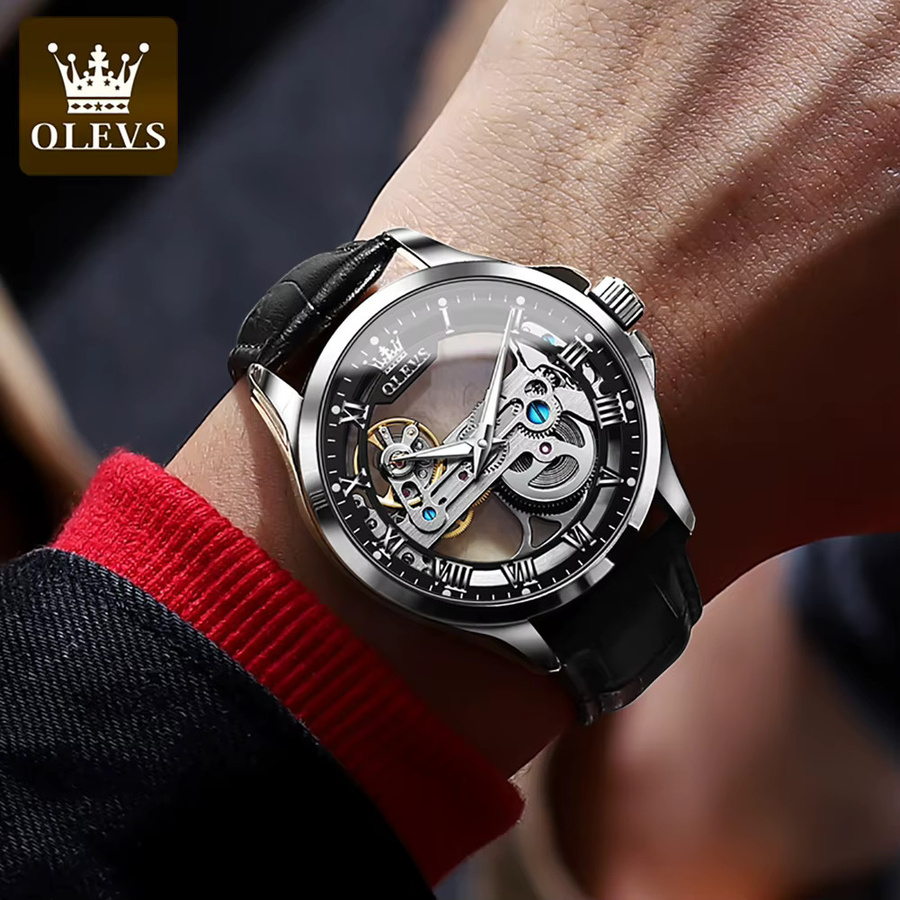 OLEVS Armbanduhr, Automatik, Analoguhr, Edelstahl, Leder, Silber, Unisex - Bild 2